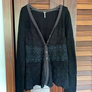 Free People (L) long, black knit sweater with lace accents